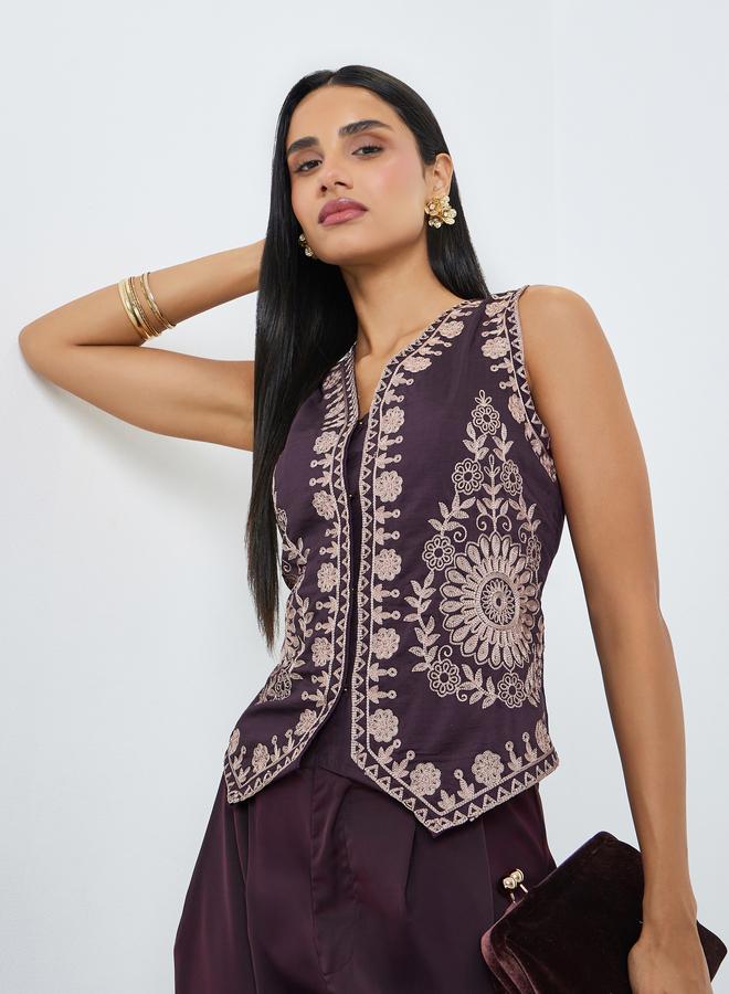 Styli Purple Sleeveless V-Neck Embroidered Waistcoat - Image 3