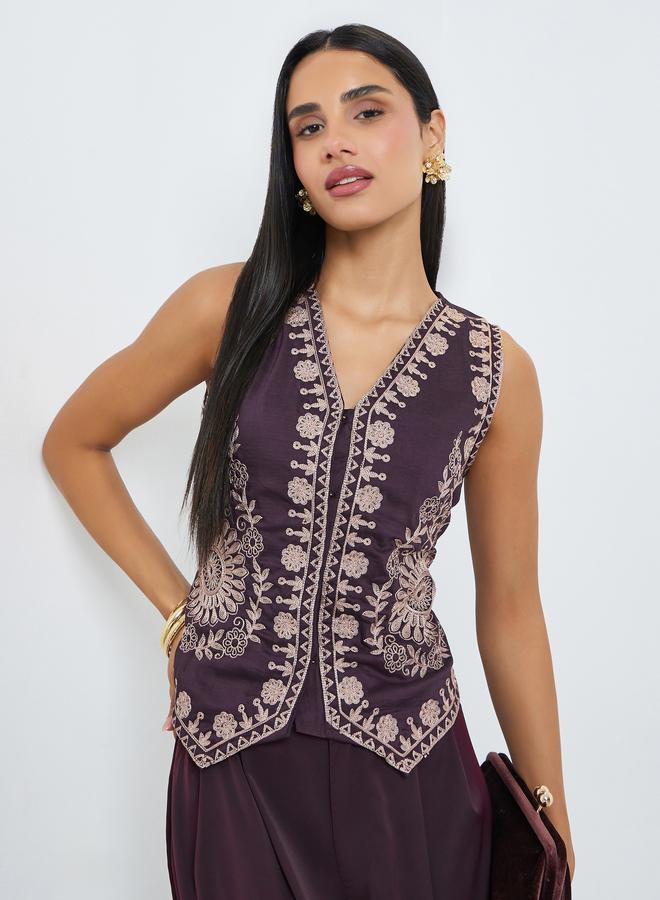 Styli Purple Sleeveless V-Neck Embroidered Waistcoat - Image 1