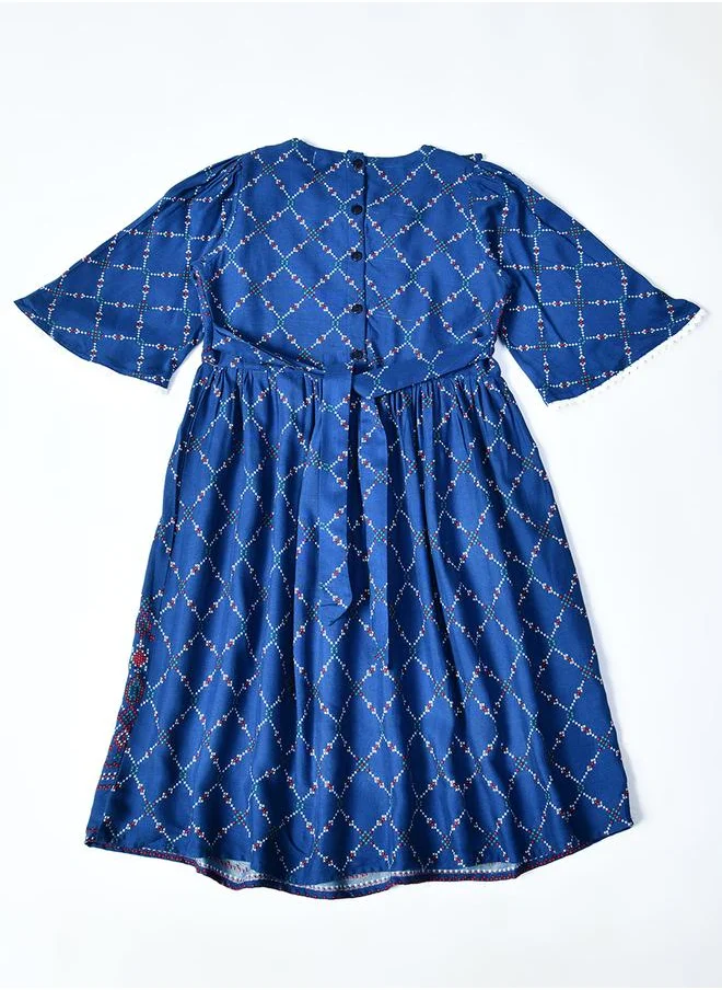 بيلا مودا Bella Moda All-Over Print Lace Trim Cotton Dress with 3/4 Sleeves