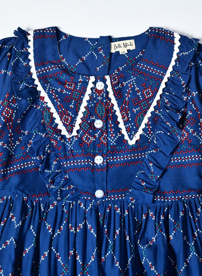 بيلا مودا فستان قطن بطبعات شاملة وحواف دانتيل وأكمام ثلاثة أرباع من بيلا مودا - Image 3