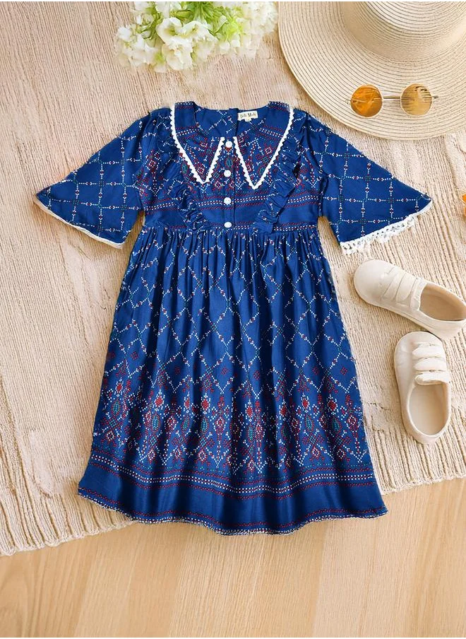 بيلا مودا Bella Moda All-Over Print Lace Trim Cotton Dress with 3/4 Sleeves