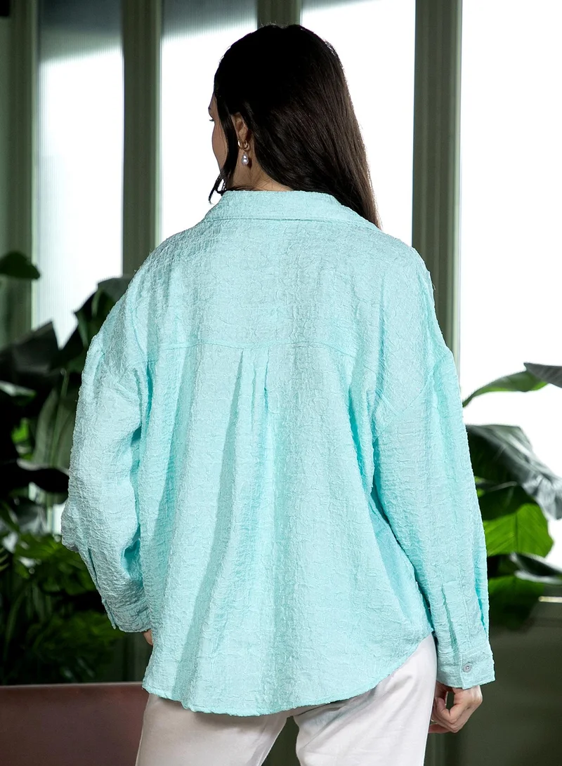 PINACOLADA  Women's Aqua Blue Cubic-Creased Oversized Shirt | نساء | أكمام طويلة | سادة | طوق منتشر | كاجوال كبير الحجم | قميص for Women | Best Price UAE