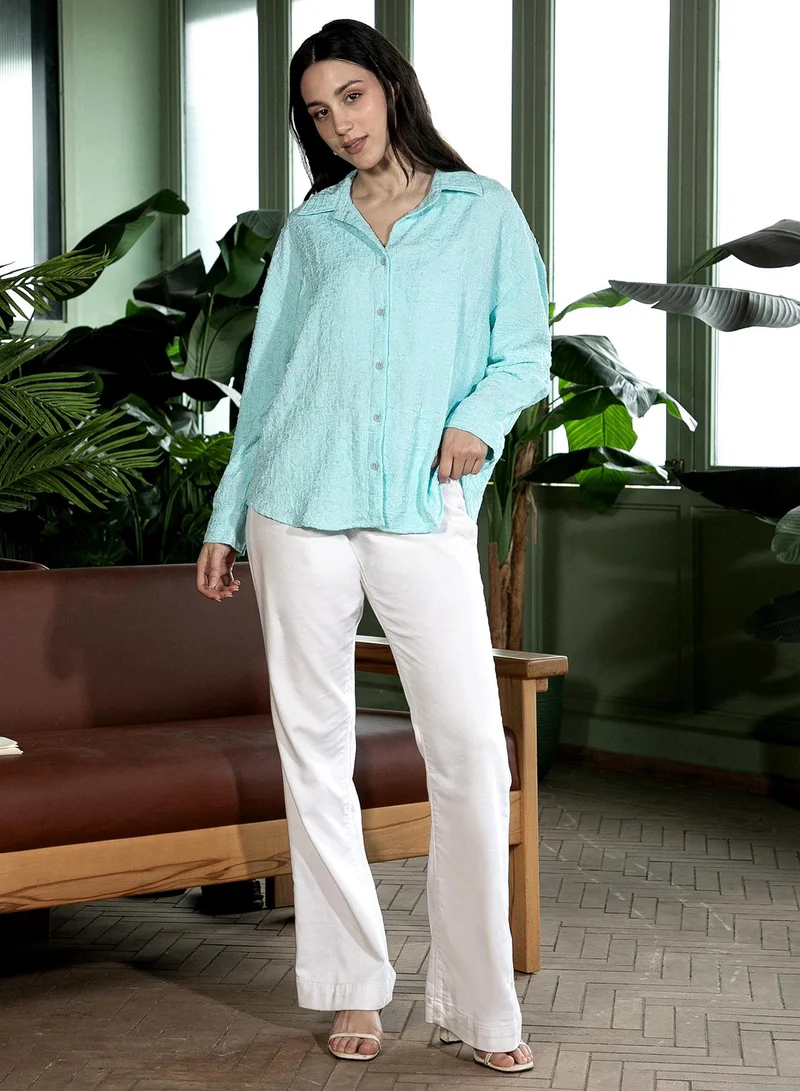 PINACOLADA  Women's Aqua Blue Cubic-Creased Oversized Shirt | نساء | أكمام طويلة | سادة | طوق منتشر | كاجوال كبير الحجم | قميص for Women | Best Price UAE