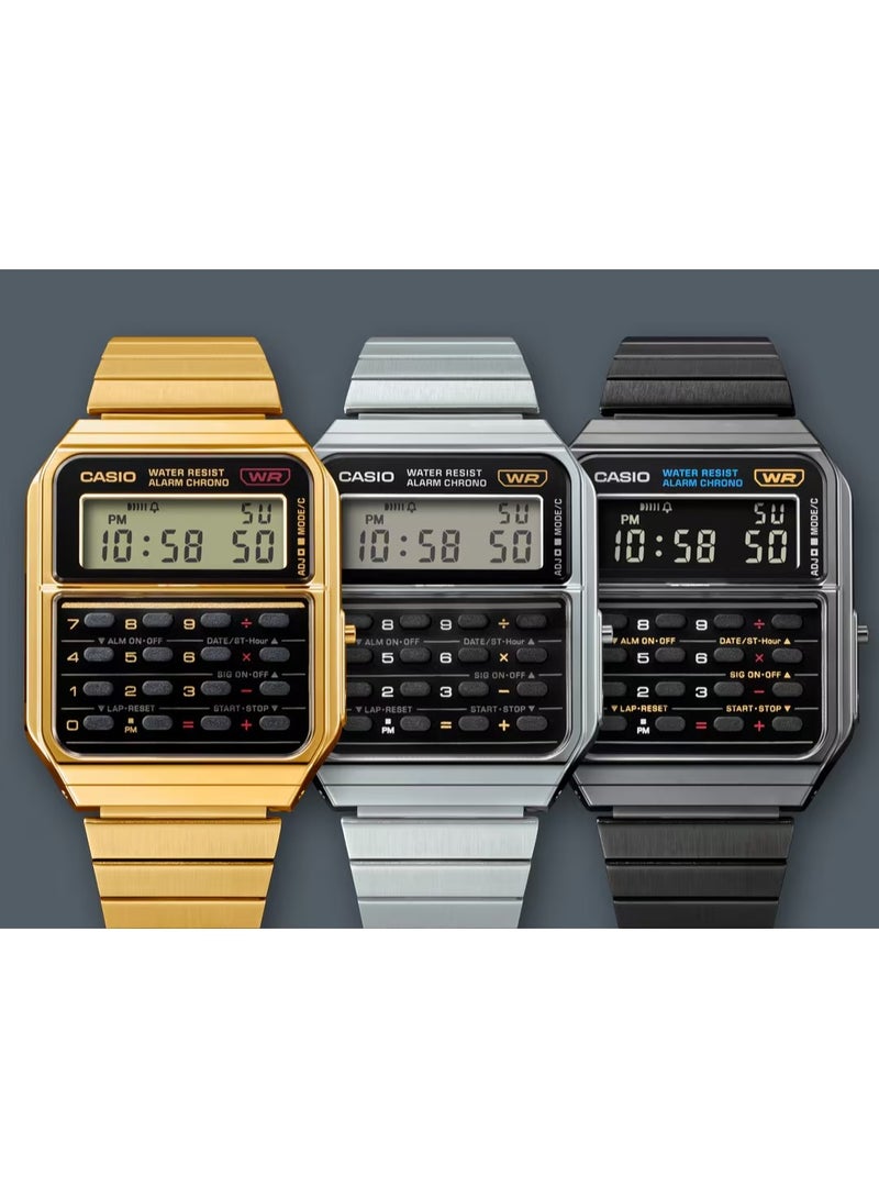 CASIO Vintage Digital Calculator Unisex Watch CA‑500WEGG‑1BDF, 43.2 mm Grey Dial, Resin/Chrome Plated Case & Stainless Steel Band, Water Resistant - Image 3