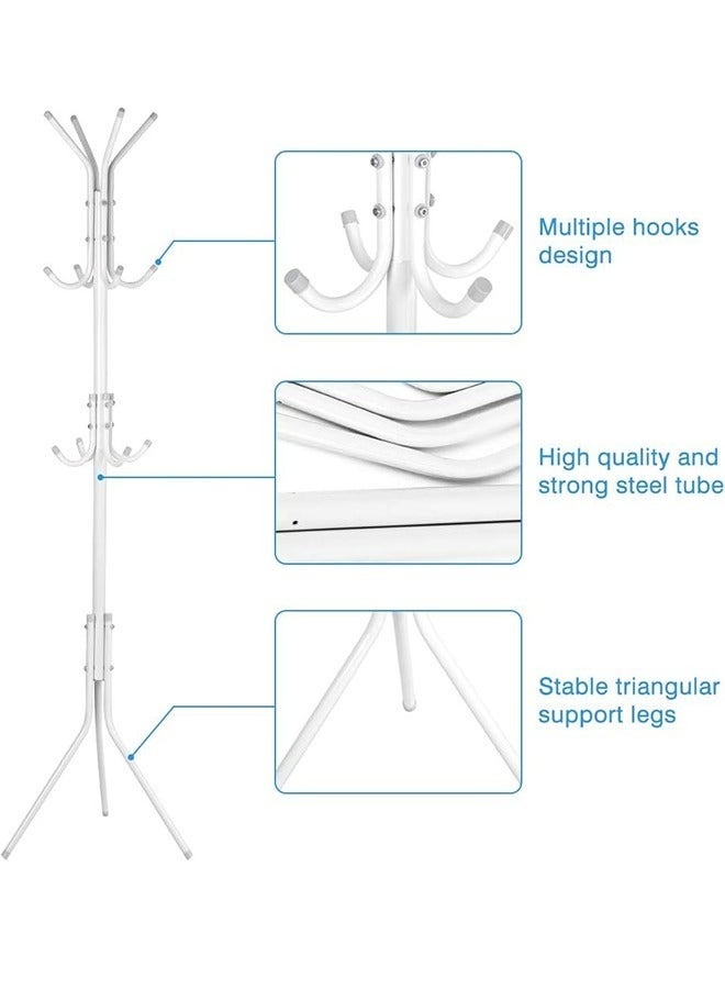 Bukela Multi-Functional Metal Clothes Rack, 12 Hooks Hall Tree Coat Hanger Holder Home Enterway Tree Clothes Storage Stand for Coat, Hat, Clothes, Scarves, Handbags, Umbrella (White) 172x43x43cm - Image 2
