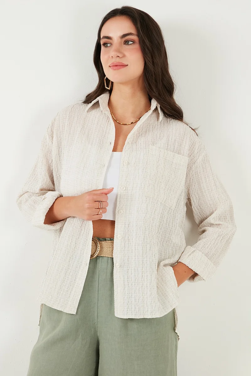 Lela Regular Fit Single Pocket Short Front Long Back Crinkle Shirt Women's SHIRT 6772752