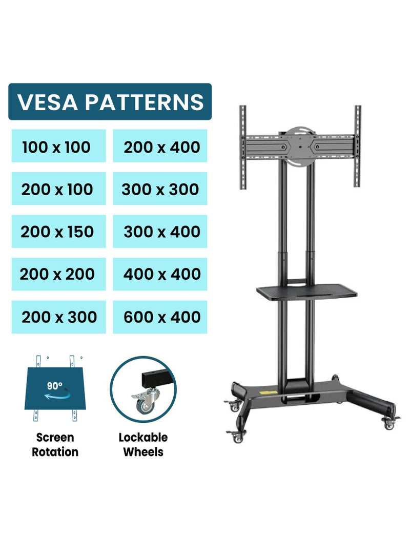KALOC Mobile TV Stand for 32"-65" TVs up to 50 kg/110 lbs with VESA up to 600x400mm, 90° Rotation for Portrait and Landscape Modes, Includes Equipment Shelf, Lockable Wheels for Easy Mobility | TF-L65-X - Image 2