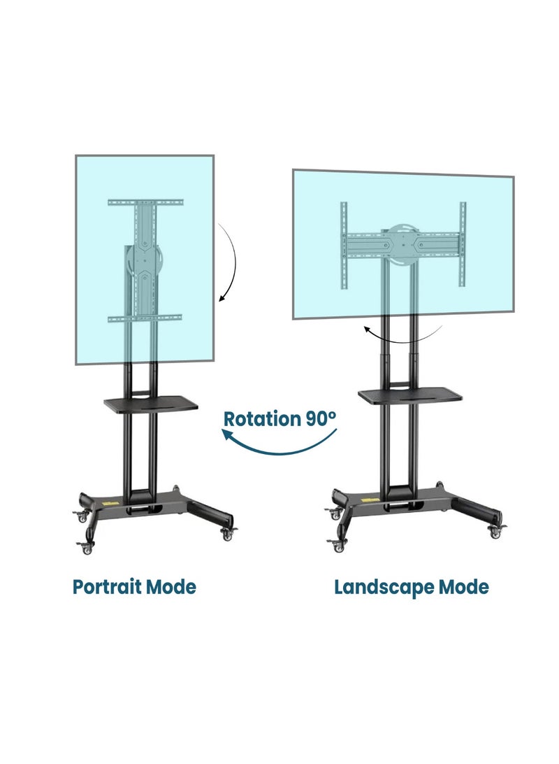 KALOC Mobile TV Stand for 32"-65" TVs up to 50 kg/110 lbs with VESA up to 600x400mm, 90° Rotation for Portrait and Landscape Modes, Includes Equipment Shelf, Lockable Wheels for Easy Mobility | TF-L65-X - Image 3