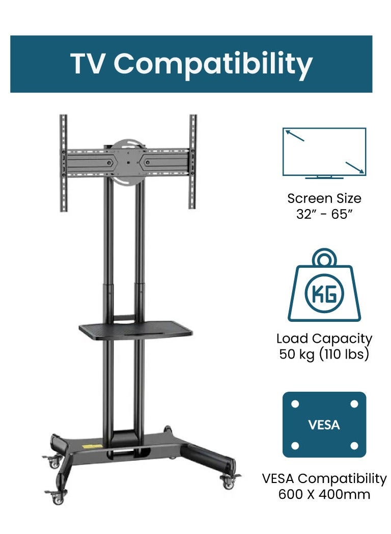 KALOC Mobile TV Stand for 32"-65" TVs up to 50 kg/110 lbs with VESA up to 600x400mm, 90° Rotation for Portrait and Landscape Modes, Includes Equipment Shelf, Lockable Wheels for Easy Mobility | TF-L65-X - Image 4