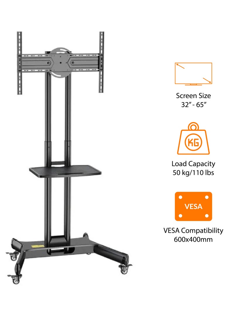 Mobile TV Stand for 32"-65" TVs up to 50 kg/110 lbs with VESA up to 600x400mm, 90° Rotation for Portrait and Landscape Modes, Includes Equipment Shelf, Lockable Wheels for Easy Mobility | TF-L65-X - pzsku/Z0B3456B85D0BD836ABE8Z/45/_/1740637365/8e9a4ea4-e699-4bfe-9057-be80bf1fd71f