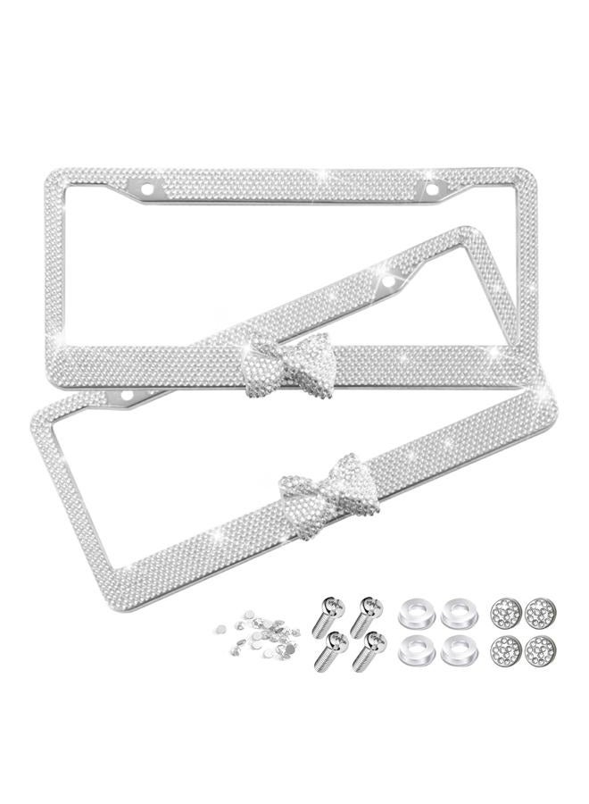 Sandfren Bling Car License Plate Frame, 2PCS Crystal Rhinestone Stainless Steel Vehicle Plate Holder, Glitter Diamond Sparkly Auto Plate Tag Cover Accessories, Universal Fit (White/White Bow) - Image 1