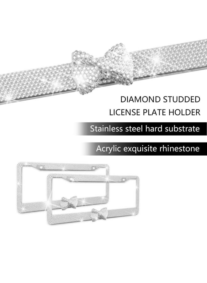 Sandfren Bling Car License Plate Frame, 2PCS Crystal Rhinestone Stainless Steel Vehicle Plate Holder, Glitter Diamond Sparkly Auto Plate Tag Cover Accessories, Universal Fit (White/White Bow) - Image 3