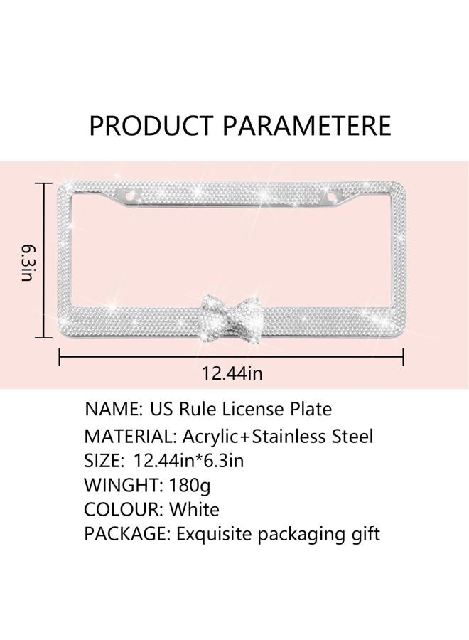 Sandfren Bling Car License Plate Frame, 2PCS Crystal Rhinestone Stainless Steel Vehicle Plate Holder, Glitter Diamond Sparkly Auto Plate Tag Cover Accessories, Universal Fit (White/White Bow) - Image 2