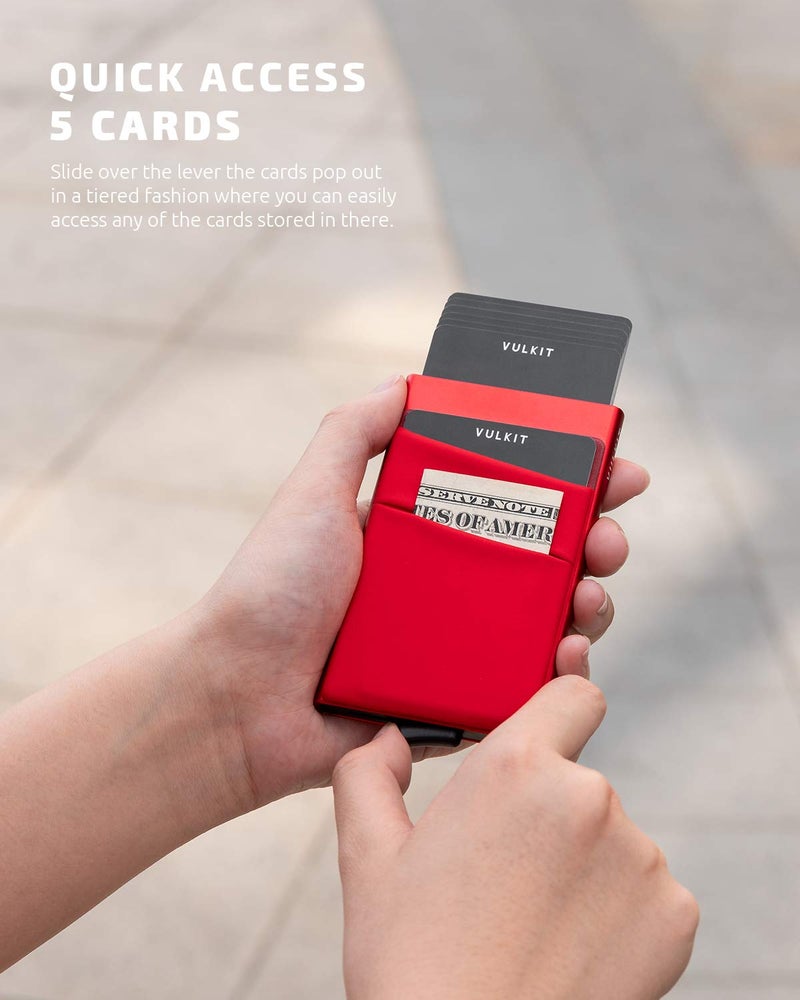 VULKIT VULKIT Card Holder with Money Pocket Pop Up Wallet RFID Blocking Slim Metal Bank Card Case Holds 5 Cards and Notes(Red)  - Image 2