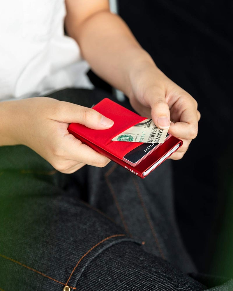 VULKIT VULKIT Card Holder with Money Pocket Pop Up Wallet RFID Blocking Slim Metal Bank Card Case Holds 5 Cards and Notes(Red)  - Image 4
