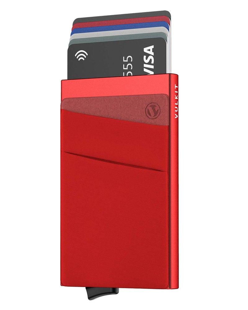 VULKIT VULKIT Card Holder with Money Pocket Pop Up Wallet RFID Blocking Slim Metal Bank Card Case Holds 5 Cards and Notes(Red)  - Image 1