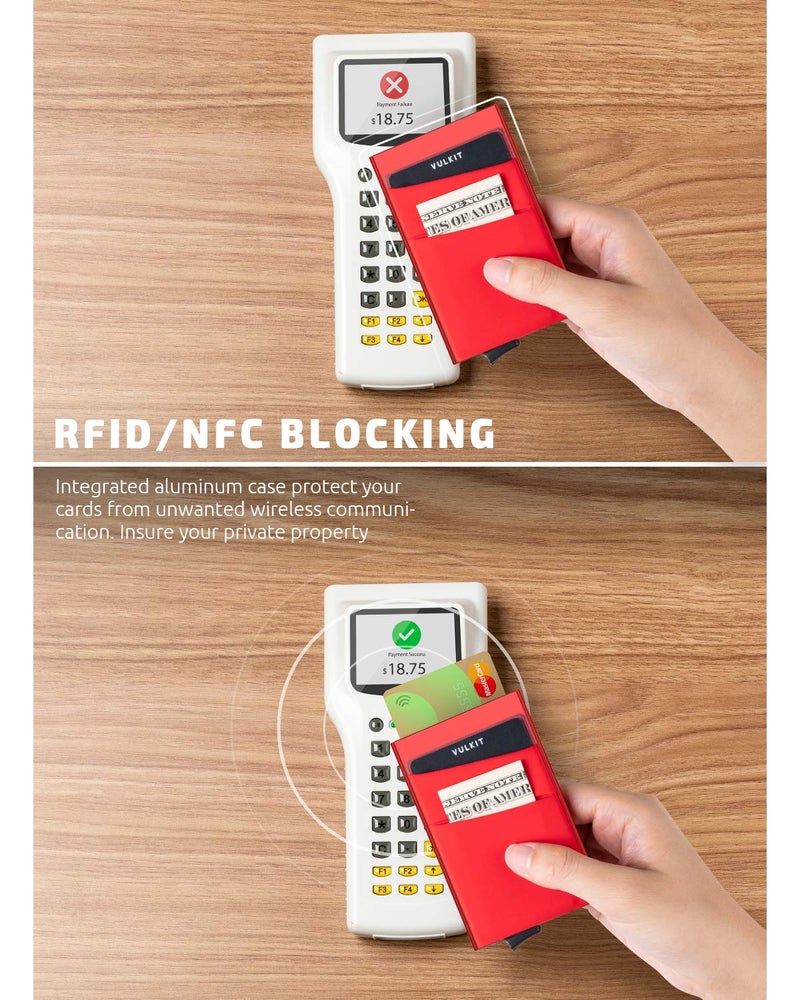 VULKIT VULKIT Card Holder with Money Pocket Pop Up Wallet RFID Blocking Slim Metal Bank Card Case Holds 5 Cards and Notes(Red)  - Image 3