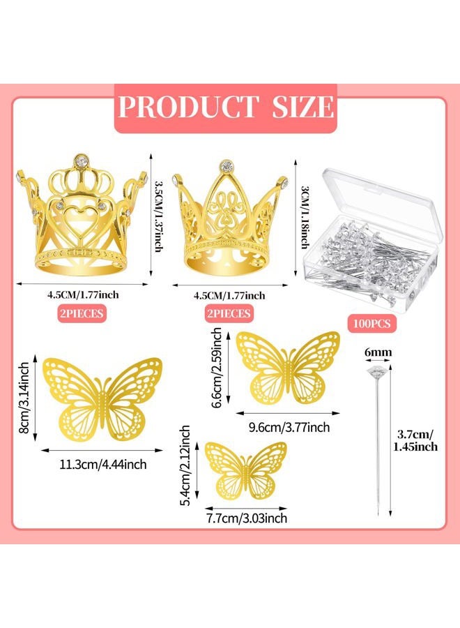 CCINEE 140 Pcs Flower Corsage Accessories Set,4 Pcs Mini Gold Crown 36 Pcs 3D Gold Butterfly Stickers and 100 Pcs Diamond Pins for Cake Topper Mother's Day Wedding Birthday Party - Image 2