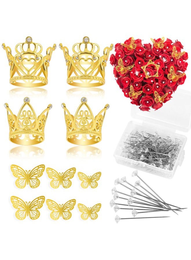 CCINEE 140 Pcs Flower Corsage Accessories Set,4 Pcs Mini Gold Crown 36 Pcs 3D Gold Butterfly Stickers and 100 Pcs Diamond Pins for Cake Topper Mother's Day Wedding Birthday Party - Image 1