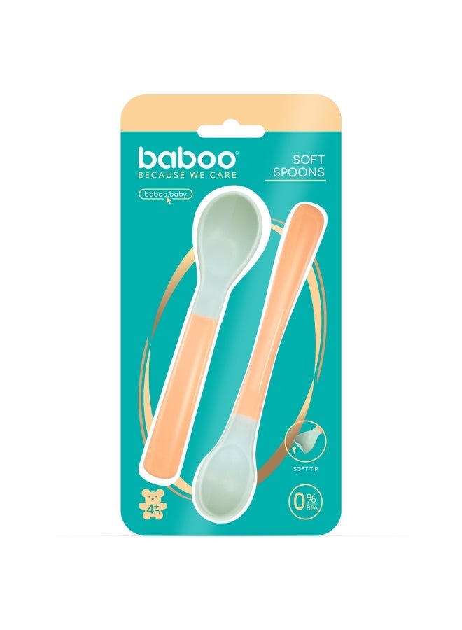 Baboo Soft-Tip Silicone Weaning Spoons (2-Pack) – BPA-Free Feeding Utensils for Babies 6–12 Months – Puree Spoons with Case, Non-Toxic, Dishwasher Safe, Silicone Spoons for babies (Peachy Keen) - Image 1
