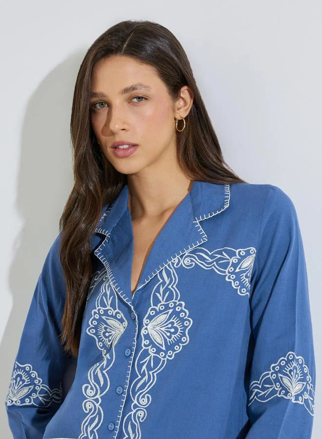 Styli Blue Embroidered Resort Collar Cotton Shirt