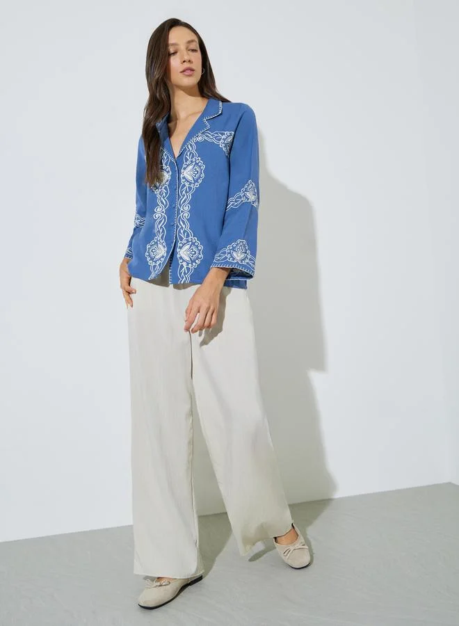 Styli Blue Embroidered Resort Collar Cotton Shirt