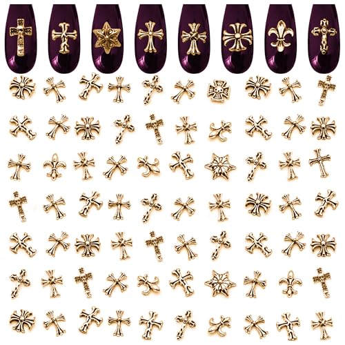 ZOKLU Gold Cross Nail Charms 100 Pcs Set â€” 3D Metal Alloy with Metallic Chrome Finish, 8 Styles, Fits Gel, Acrylic & Press-On Tips for Y2K, Gothic & Holiday Manicures â€” Gold Nail Charms for Crafts & Jewelry - Image 1