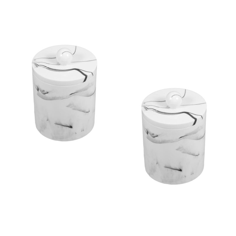 2pcs European Style Resin Cotton Swabs Storage Box Toothpick Canister Simple Marble Texture Organizer with Lid for Cosmetic Home (Ink White) - Image 1