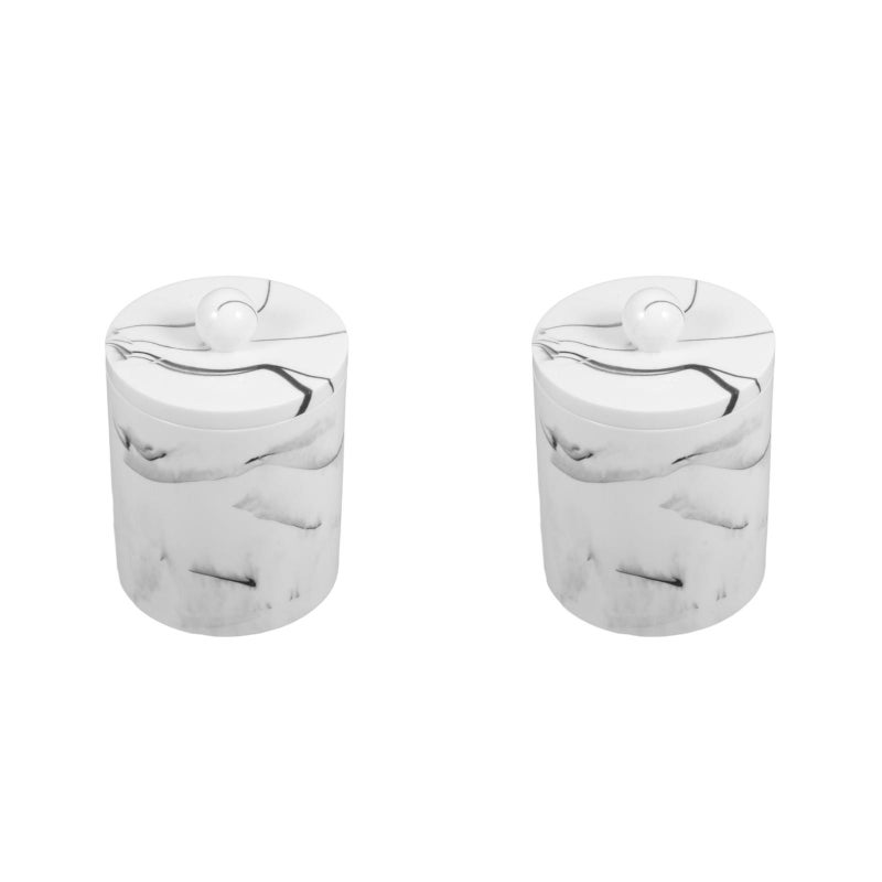 2pcs European Style Resin Cotton Swabs Storage Box Toothpick Canister Simple Marble Texture Organizer with Lid for Cosmetic Home (Ink White) - Image 5
