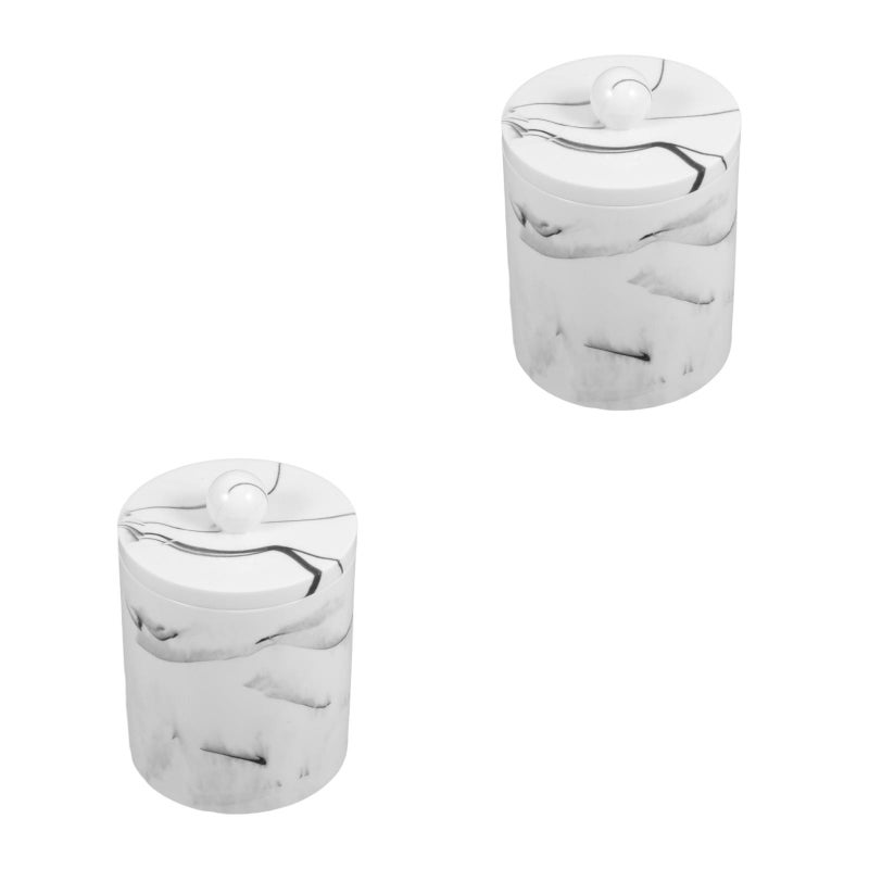 2pcs European Style Resin Cotton Swabs Storage Box Toothpick Canister Simple Marble Texture Organizer with Lid for Cosmetic Home (Ink White) - Image 2