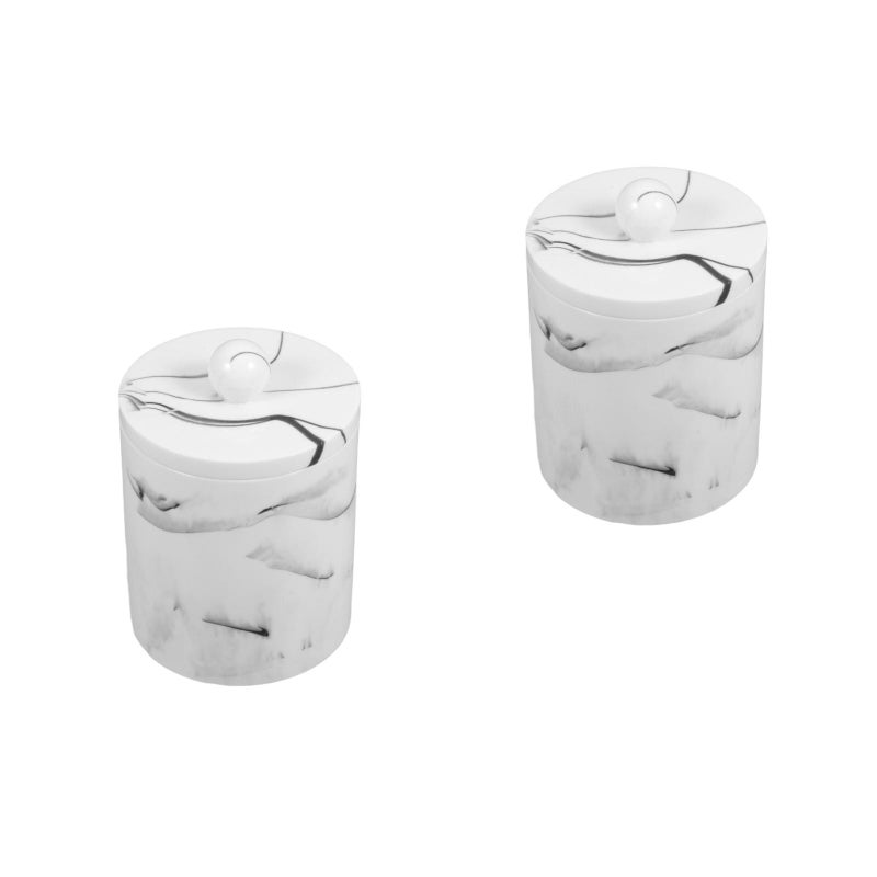 2pcs European Style Resin Cotton Swabs Storage Box Toothpick Canister Simple Marble Texture Organizer with Lid for Cosmetic Home (Ink White) - Image 3