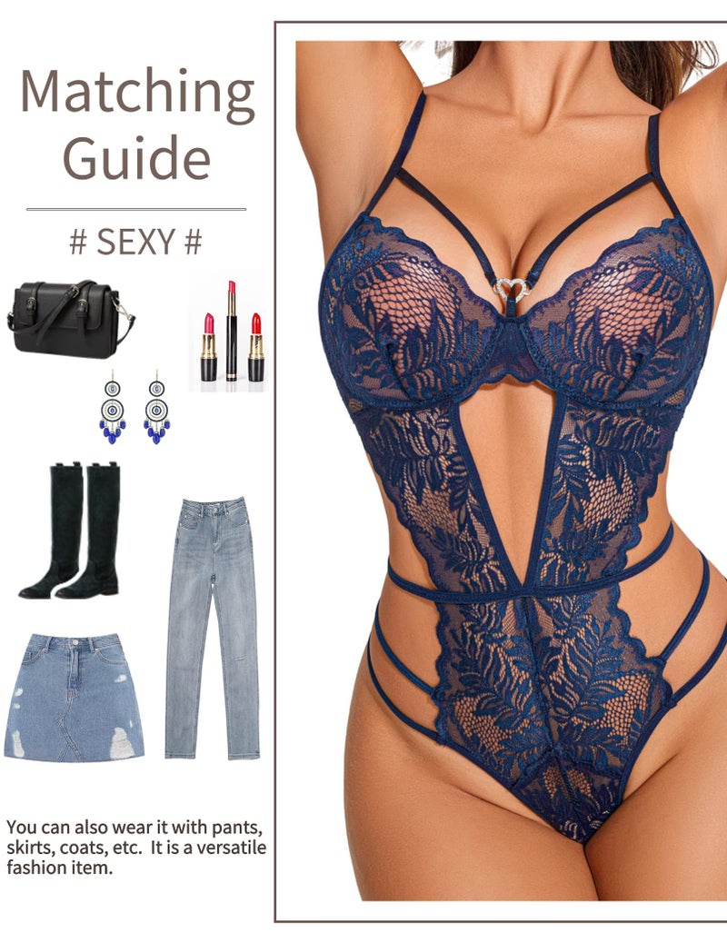 GIRLFRIEND One Piece Lace Bodysuit Deep V Strappy Navy Blue - Image 3