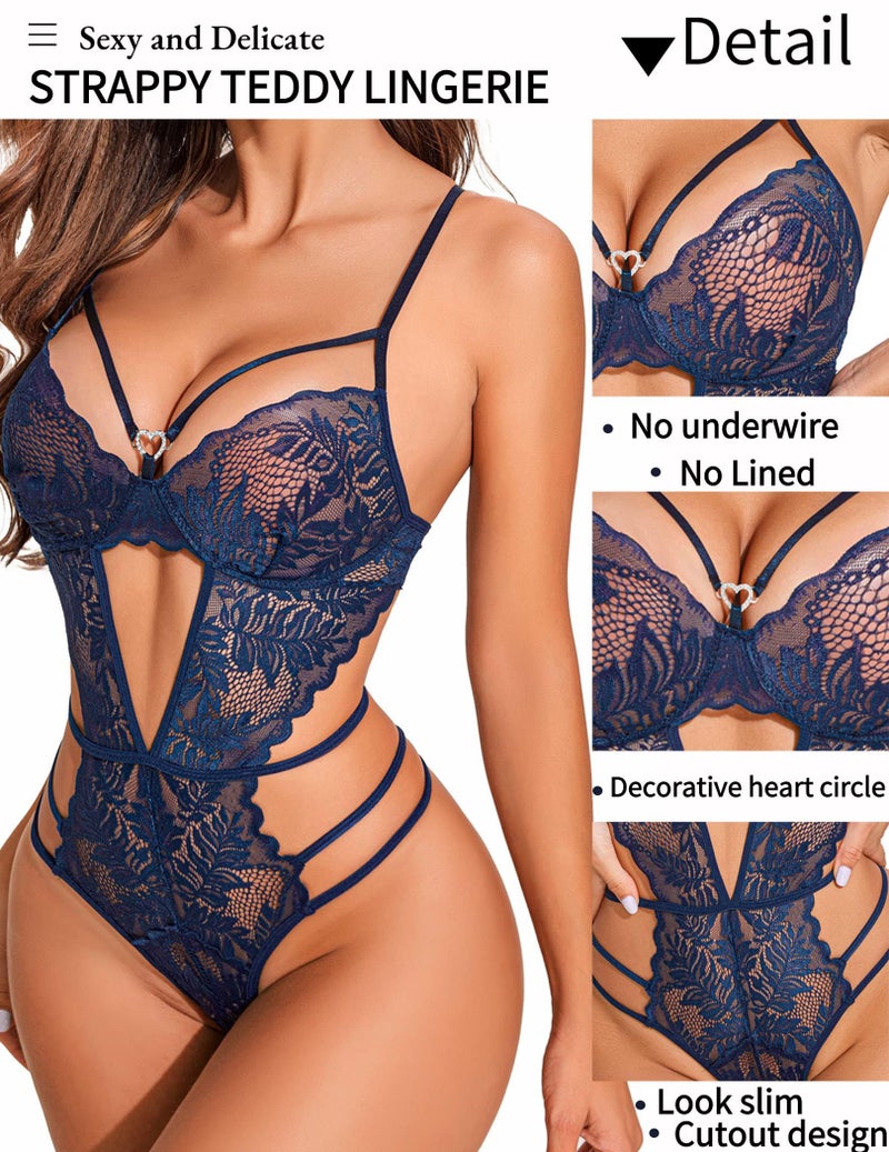GIRLFRIEND One Piece Lace Bodysuit Deep V Strappy Navy Blue - Image 2