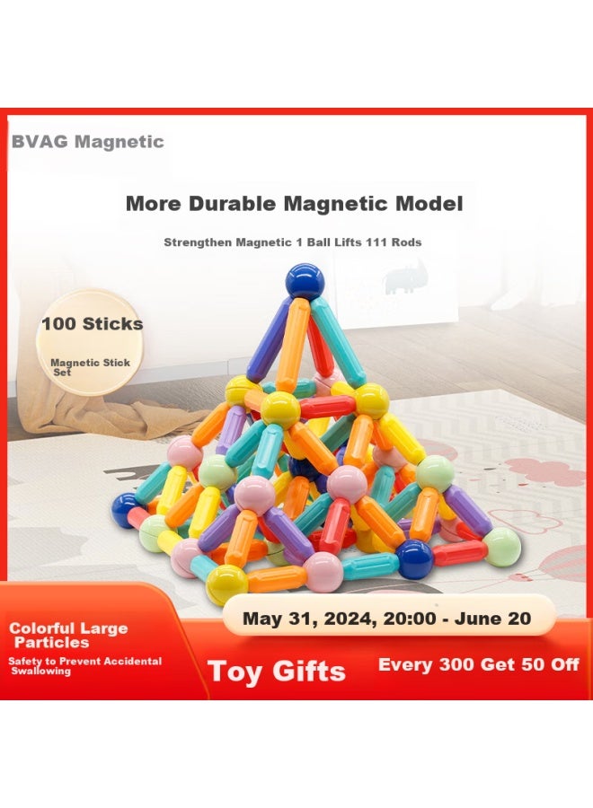 Bmag Magnetic Rods, Large Particle Magnetic Building Blocks, Educational Toys, Children's Puzzle Toys, Birthday Gift, 100 Pieces - Image 1
