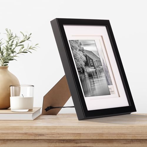 Gallery Solutions - 8"x10" Black Frame - Double White Mat - Wall/Tabletop Display - Perfect Fit for 5"x7" Photos - Versatile Mounting Options - Rectangular Tabletop - Poster Frame - Image 2