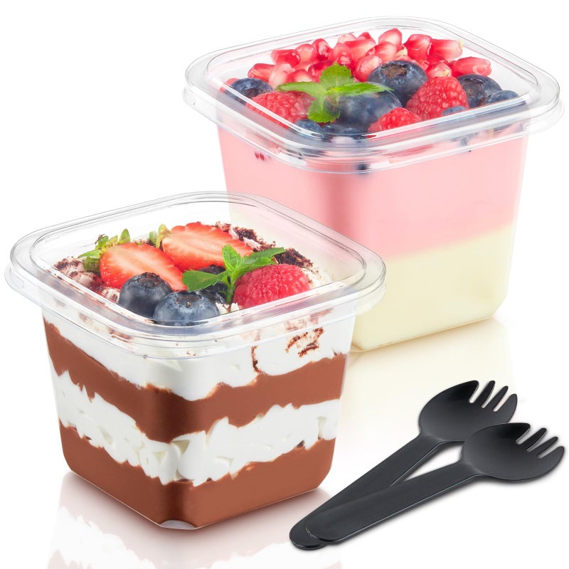 Kucoele 50 Pack 12 oz Plastic Dessert Cups with Lids and Sporks Clear Square Cake Cups Dessert Containers for Pudding Parfait Fruit Yogurt and Shortcake