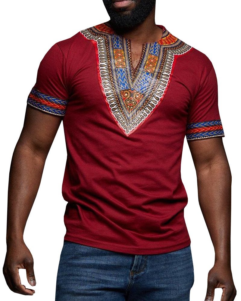 Makkrom Mens African Dashiki T Shirt Tribal Floral Print V Neck Slim Fit Shirts Tops - Image 1