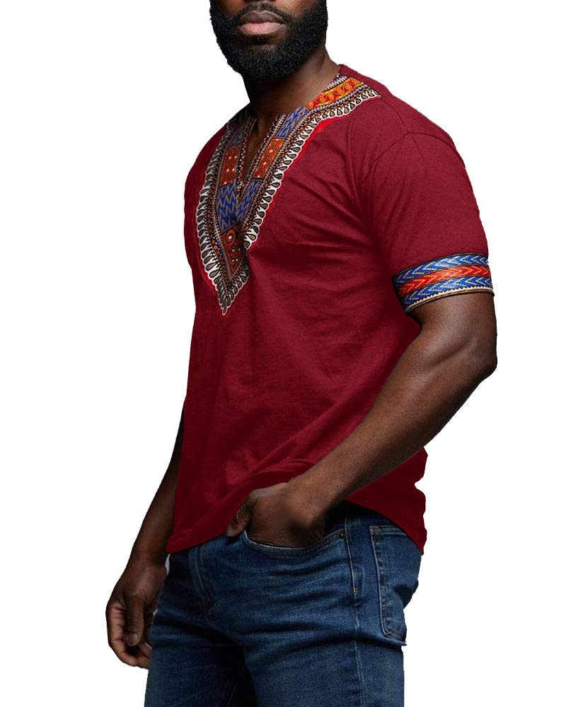 Makkrom Mens African Dashiki T Shirt Tribal Floral Print V Neck Slim Fit Shirts Tops - Image 2