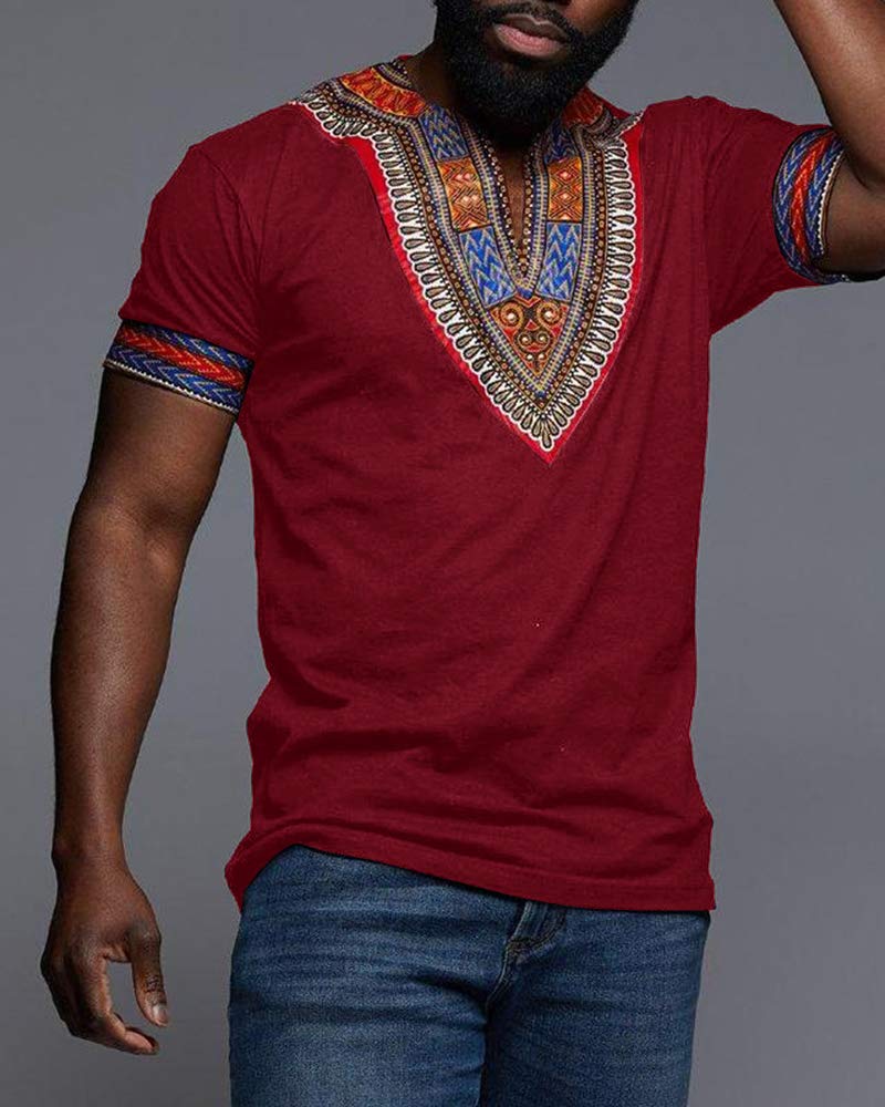 Makkrom Mens African Dashiki T Shirt Tribal Floral Print V Neck Slim Fit Shirts Tops - Image 4