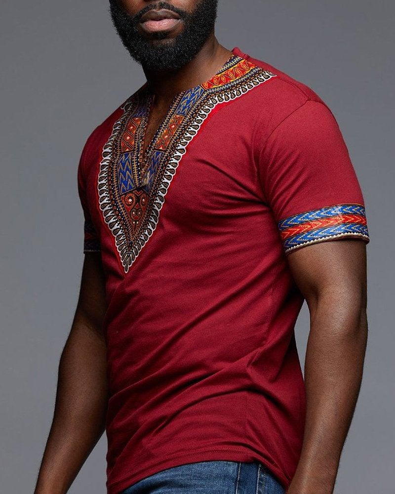 Makkrom Mens African Dashiki T Shirt Tribal Floral Print V Neck Slim Fit Shirts Tops - Image 3