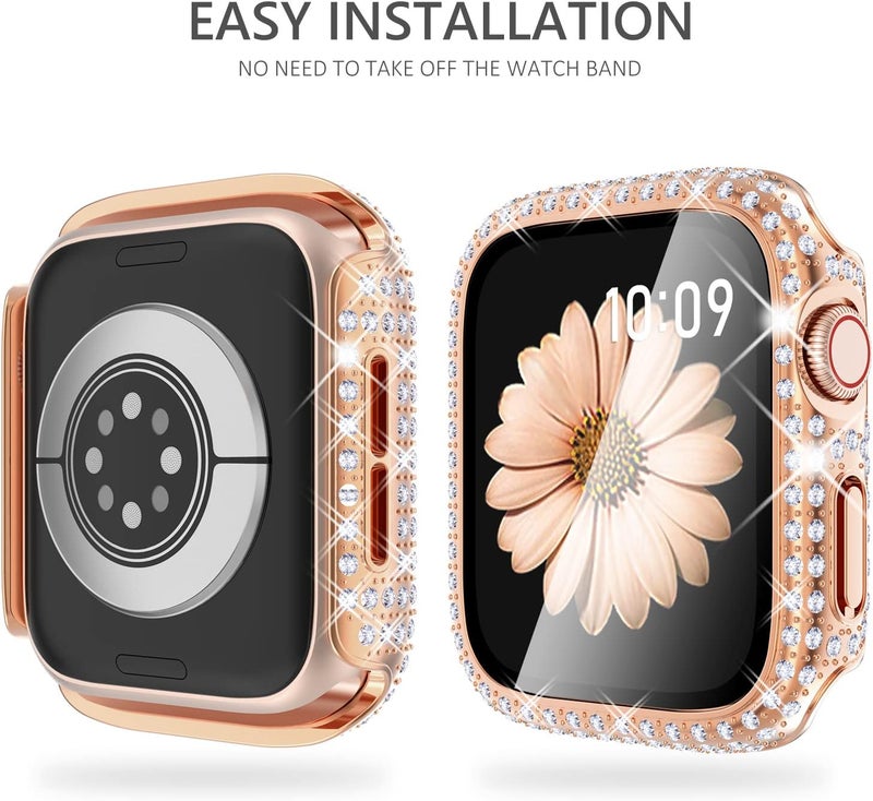 FULLIFE 2 Pack Bling Screen Protector Compatible with Apple Watch Series 10 42mm,Glitter Diamond Tempered Glass Protective Case Cover for iWatch 42mm(Rosegold/Clear) - Image 4