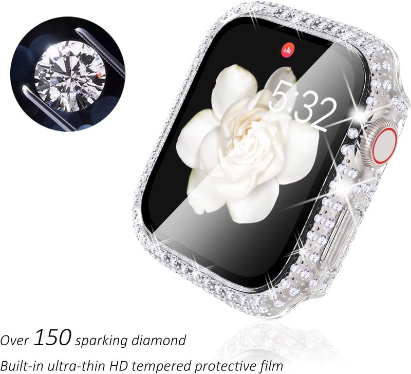 FULLIFE 2 Pack Bling Screen Protector Compatible with Apple Watch Series 10 42mm,Glitter Diamond Tempered Glass Protective Case Cover for iWatch 42mm(Rosegold/Clear) - Image 2