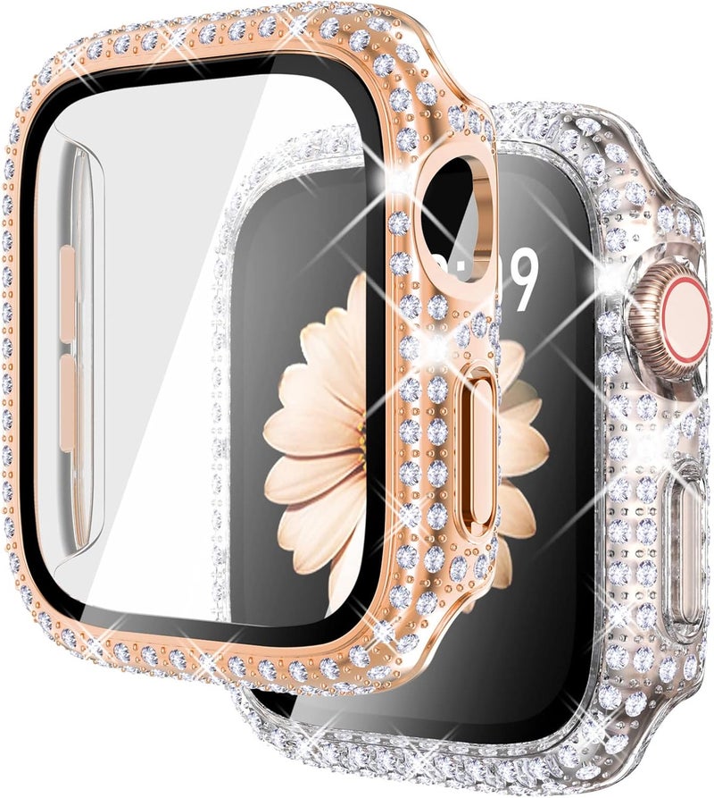 FULLIFE 2 Pack Bling Screen Protector Compatible with Apple Watch Series 10 42mm,Glitter Diamond Tempered Glass Protective Case Cover for iWatch 42mm(Rosegold/Clear) - Image 1