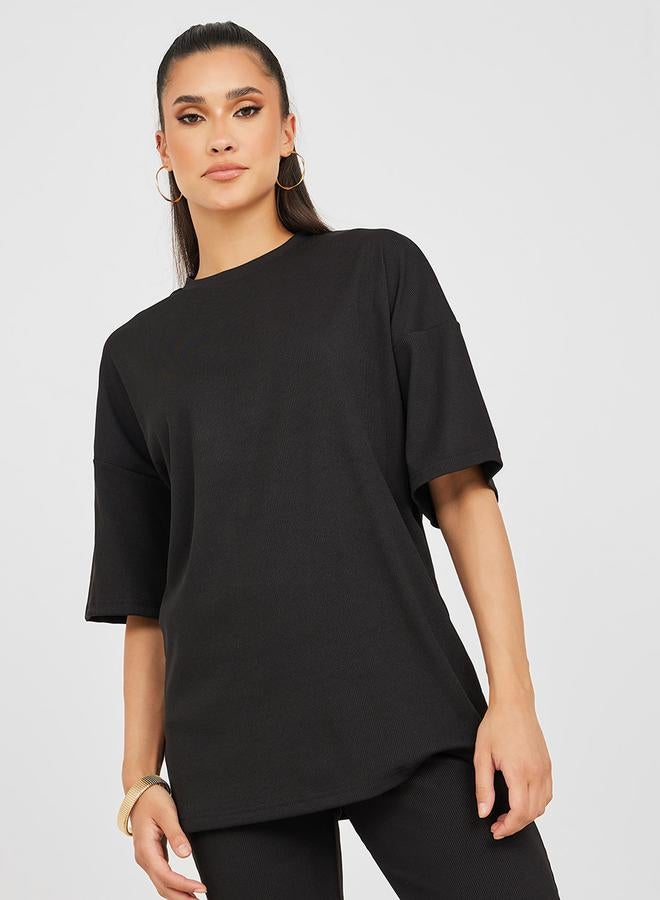 Styli Ribbed Oversized T-Shirt & Flared Trouser Co-Ord Set - Image 2