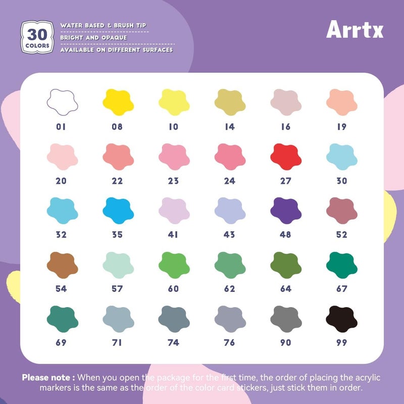 Arrtx 30 Colored Acrylic Pens Extra Brush Tip, Water Based Ink Markers for Painting Rocks, Glass, Easter Eggs, Wood and Fabrics, Non-Toxic, Odor Free - Image 5