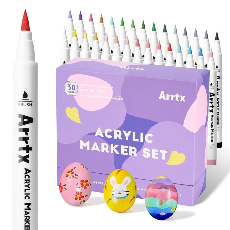 Arrtx 30 Colored Acrylic Pens Extra Brush Tip, Water Based Ink Markers for Painting Rocks, Glass, Easter Eggs, Wood and Fabrics, Non-Toxic, Odor Free - Image 1