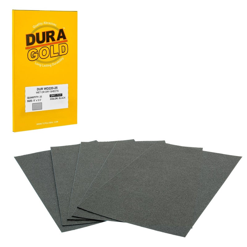 DuraGold Premium 220 Grit Wet or Dry Sandpaper Sheets 512 x 9 Box of 25 MediumCut Sanding Detailing Polishing Automotive Woodworking