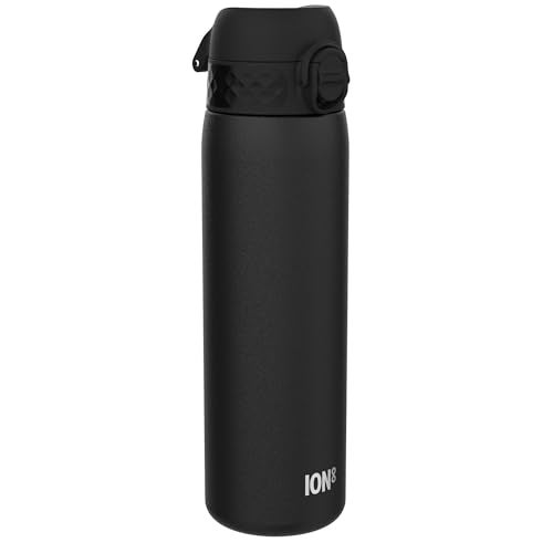 ION8 Steel Water Bottle, 600 ml/20 oz, Leak Proof, Easy to Open, Secure Lock, Dishwasher Safe, Hygienic Flip Cover, Fits Cup Holders, Carry Handle, Durable, Scratch Resistant, Carbon Neutral, Black - Image 1