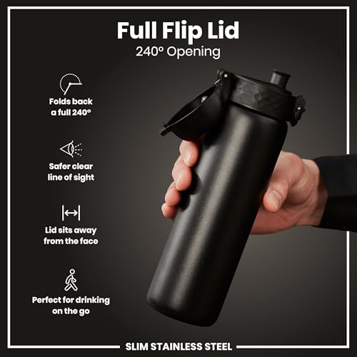 ION8 Steel Water Bottle, 600 ml/20 oz, Leak Proof, Easy to Open, Secure Lock, Dishwasher Safe, Hygienic Flip Cover, Fits Cup Holders, Carry Handle, Durable, Scratch Resistant, Carbon Neutral, Black - Image 4