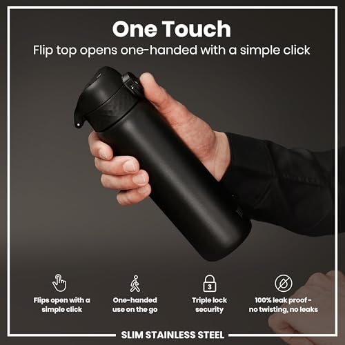 ION8 Steel Water Bottle, 600 ml/20 oz, Leak Proof, Easy to Open, Secure Lock, Dishwasher Safe, Hygienic Flip Cover, Fits Cup Holders, Carry Handle, Durable, Scratch Resistant, Carbon Neutral, Black - Image 3